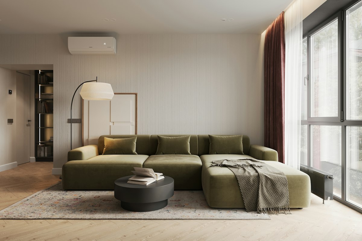 Bright condo living room with large windows